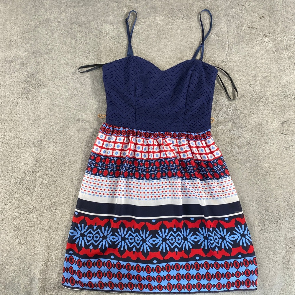 City Triangles Dress Women 5 Navy Blue Geometric Print Fit Flare Sweetheart Boho